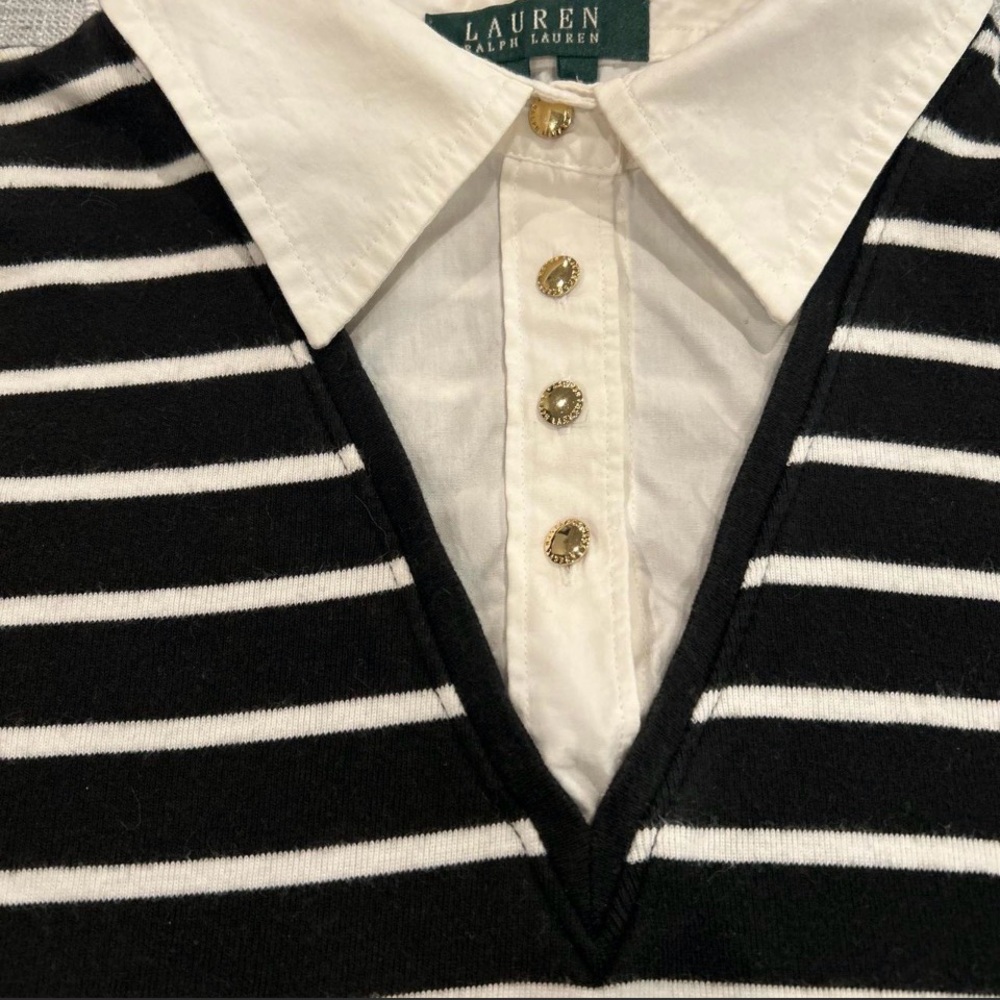 Lauren Ralph Lauren Black and White Striped V-Neck Sweater with White Placket